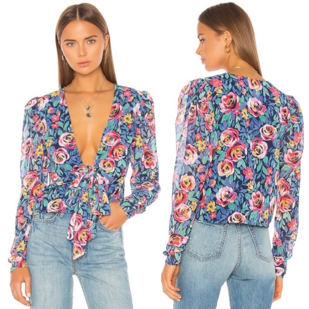 NWT Lovers + Friends Revolve Sabina Tie Long Sleeve Top Blue Floral